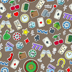 Seamless pattern on the theme of gambling and money simple painted icons on a brown background