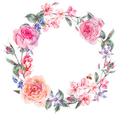 Watercolor spring round wreath with pink roses