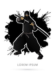 Black Ninja and sword on splash grunge background graphic vector.