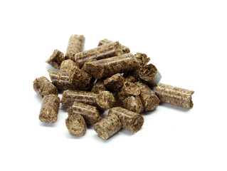 stack of wooden pellets for bio energy, white background, isolated