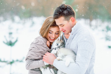 Man and woman play with the husky.