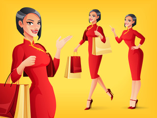 Smiling Chinese woman in different poses. Vector set.