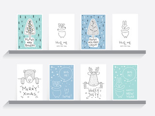 Set Greeting card with lettering, wishes, holiday Christmas or New Year. Christmas, lettering written underneath drawn cartoon animals