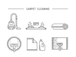Cleaning of carpets with vacuum cleaner and detergents drawn in a linear style. Vector logo of the cleaning company, booklet, flyer
