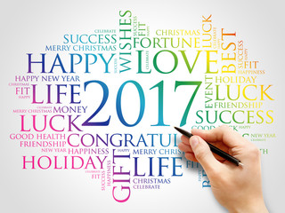 2017 year greeting word cloud collage, Happy New Year celebration greeting card