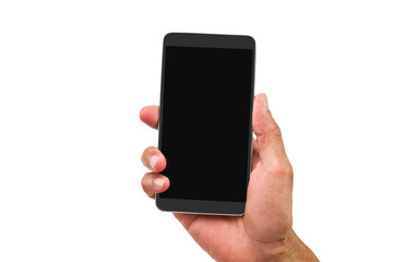 Man's hand holding mobile phone on white background