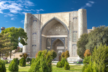 Complex of Bibi-Khanym Mosque with rich mosaic decorations and o