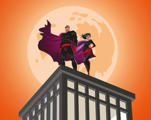 Superhero Couple. Male and female superheroes. Cloudy sky. Vector Illustration