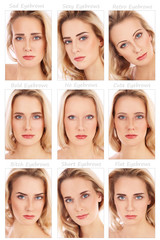 Nine portraits of young beautiful woman with various eyebrow styles on her face. How brows can transform the face. Eyebrows shaping, make-up, beauty.