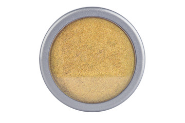 Golden color with glitter particles eyeshadow powder, in round grey container, beauty product isolated on white background