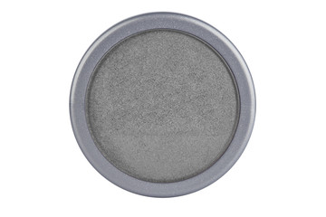 Grey color with glitter particles eyeshadow powder, in round grey container, beauty product isolated on white background