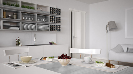 Scandinavian white kitchen with breakfast close up, minimalistic