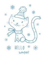 Card with cute cartoon cat  in scarf  and hat. Winter time. Snow day. Little kitten  in clothes. Funny animal. Vector contour image no fill. Children's illustration.
