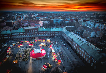 Szeged Advent Christmas Market aerial view at sunset. Panoramic HDR image from the clock tower of...