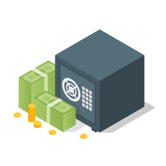 Bank safe with money dollar stacks. Safe open with money. Vector 3d isometric illustration