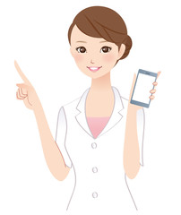 女性　美容　スマホ　指差しポーズ