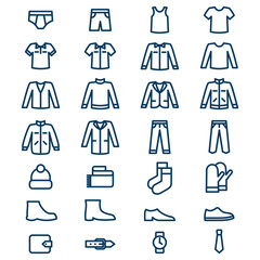 Simple linear icon set of men clothes and accessories. Vector icons