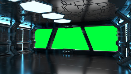Spaceship blue interior with empty window 3D rendering elements