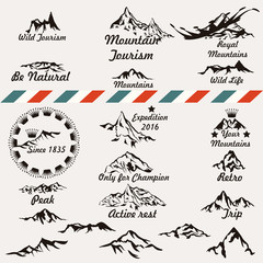 Set of retro vector mountain silhouettes for logotype and badges