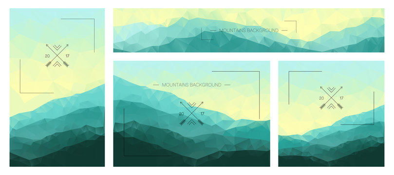 Polygonal mountains backgrounds. Set of stylish nature landscapes. Design of flyers, banners, brochures or cards with green polygonal ridges. Corporate identity templates. Nature vector illustration.