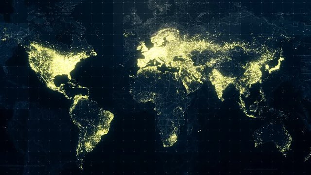 World Map Night Lighting. Animation of the night lighting on different continents and countries of the planet. Perfect for social, scientific, research and promotional projects.