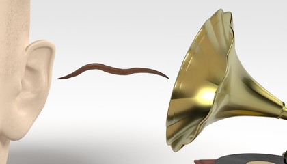 3d render of earworm - musical worm getting from gramophone to ear