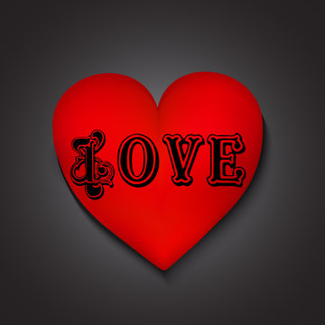 Red heart with Love tattoo isolated on dark background. Vector i