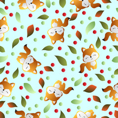 seamless pattern with smiling red fox and green leaves on a light turquoise background 