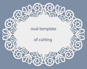 Greeting  card with openwork  oval border, paper doily under the cake, template for cutting, wedding invitation, decorative plate is laser cut, frame with lace edge, vector illustrations.