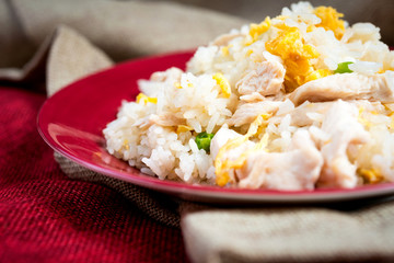 Homemade Chinese fried rice with vegetables and fried eggs