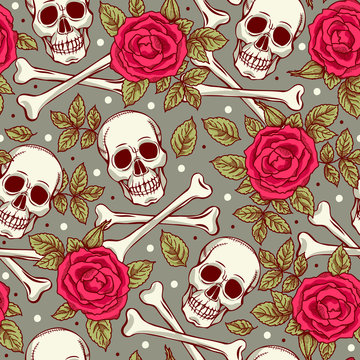 Seamless pattern with skull and roses. Freehand drawing