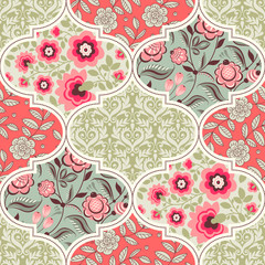 Seamless pattern in vintage style. Patchwork decorative ornament with floral elements - obrazy, fototapety, plakaty