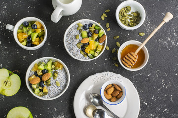 Chia Pudding for breakfast or snack with fruit salad on the side dish of blueberries, kiwi and orange  honey, almonds  pumpkin seeds. An example  a seasonal menu. Top view.