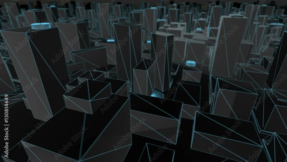 Poster seamless looping animation of a blue wireframe 3d city map rotation