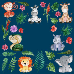 Fototapeta premium Watercolor jungle friends Animals, africa, tropical leaves