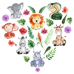 Watercolor jungle friends Animals, africa, tropical leaves