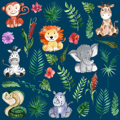 Watercolor jungle friends Animals, africa, tropical leaves