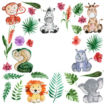 Watercolor jungle friends Animals, africa, tropical leaves