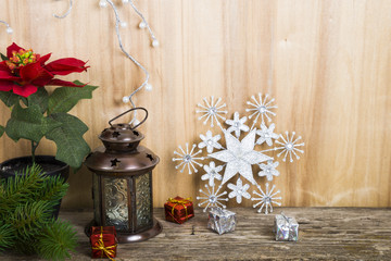 Christmas decorations on the wooden background. Christmas star,