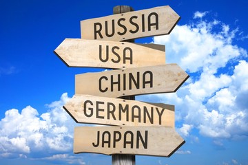 Wooden signpost - countries (Russia, USA, China, Germany, Japan).