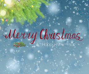 christmas background with fir tree, lights bokeh, snow and merry christmas greetings