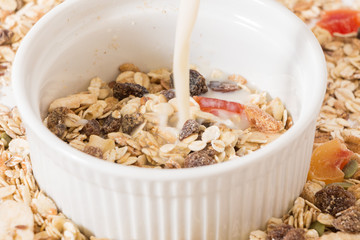 Bowl of muesli dry fruits and plant milk