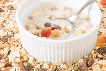 Bowl of muesli dry fruits and plant milk