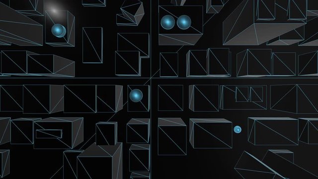 Seamless looping animation of a Blue Wireframe 3D city map top shot 