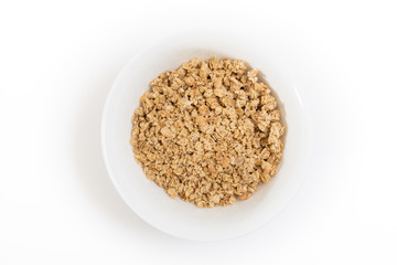 Bowl of granola, on white background.