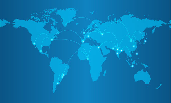Dotted map on blue gradient background with resolution 5000x2500 dots and major world cities shown with glowing blue dots and connected with lines.