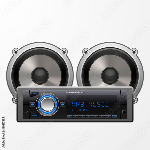 "Realistic Car Audio Player and Speakers. Vector illustration, isolated