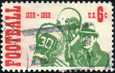 stamp printed in USA showing commemorative of the centenary of the first intercollegiate football game