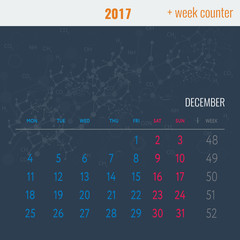 Calendar template for 2017 December with Abstract medical background, medical substance and dna molecules. Vector Illustration.