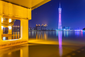 .Canton tower with under the bridge at night time, Guangzhou city, China